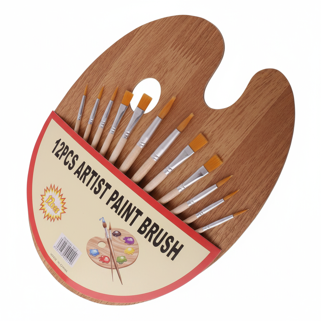 Set 12 Pinceaux Plats & Ronds avec Palette – Multi-Techniques
