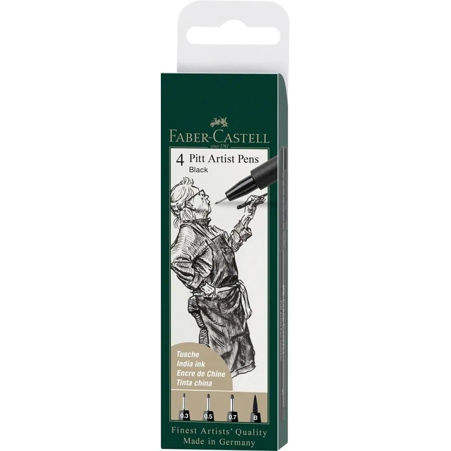 Stylos d'artiste Faber-Castell Pitt - Coffret de 4 stylos à encre noire de Chine - Marqueurs d'artiste à pointes assorties (pointes S, F, M, B)