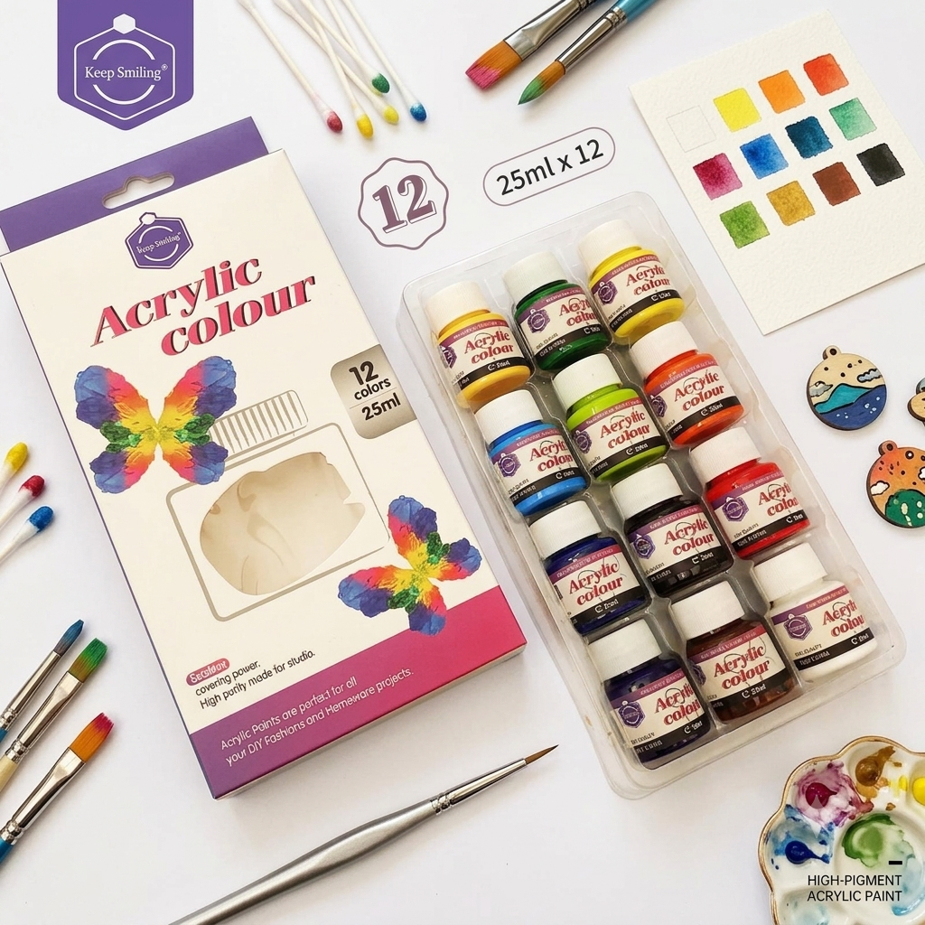 Set de 12 couleurs de peinture acrylique Keep Smiling – 25 ml