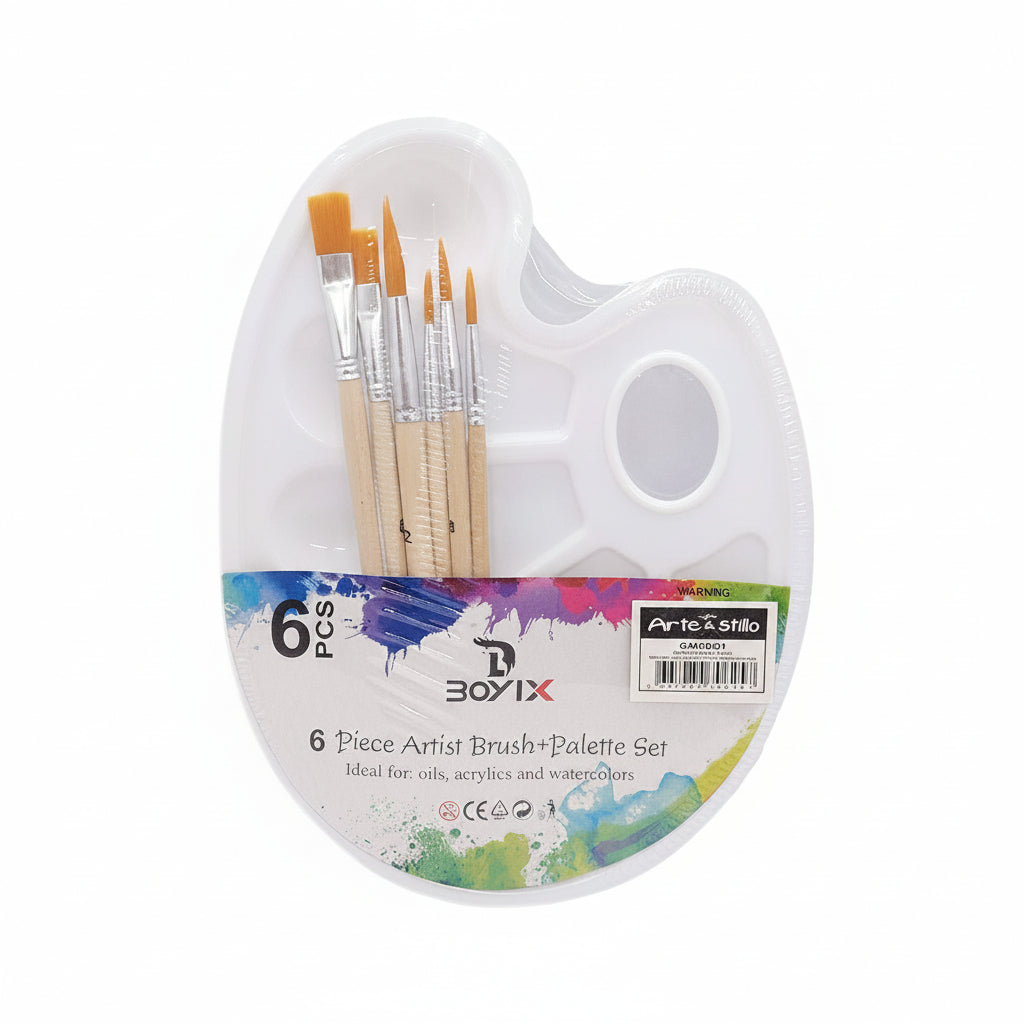 Palette Ovale + 6 Pinceaux – Kit Peinture Multi-Techniques