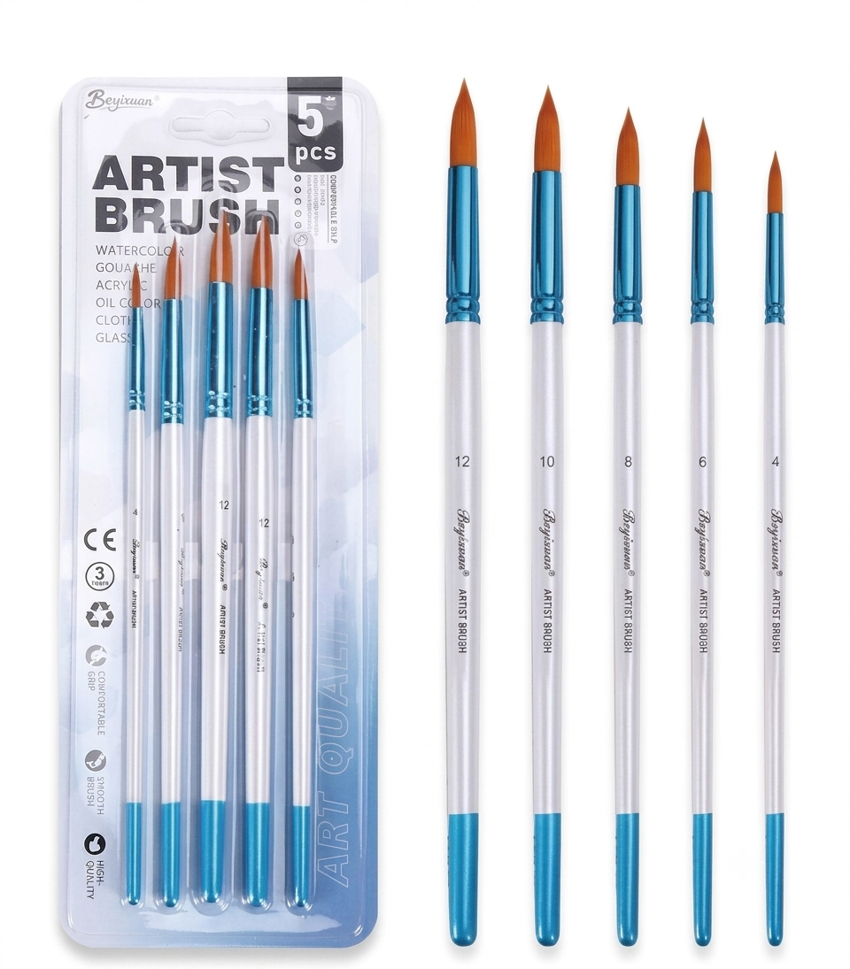 Jeu de 5 Pinceaux Ronds – Set Multi-Techniques (Acrylique, Huile & Gouache)