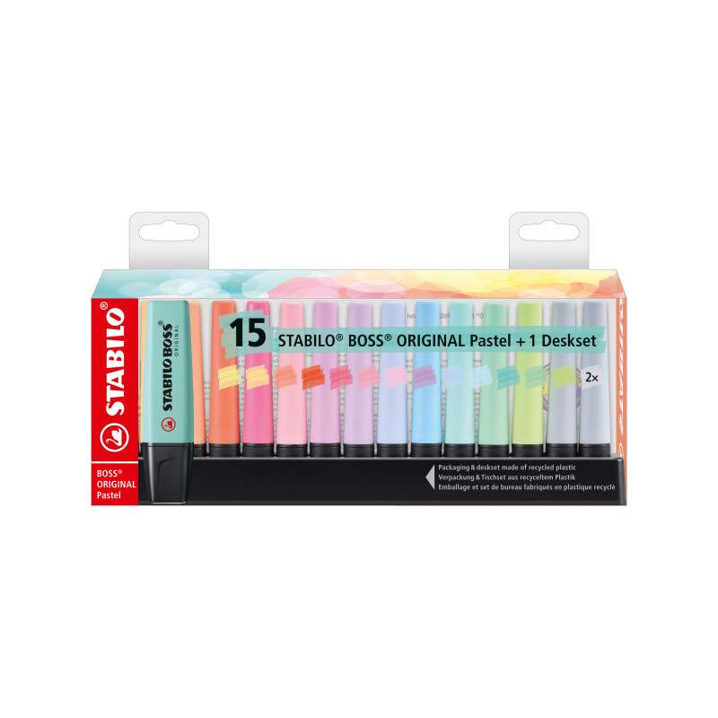 Set Fluorescents & Pastels Deskset 15 Surligneurs - STABILO BOSS ORIGINAL