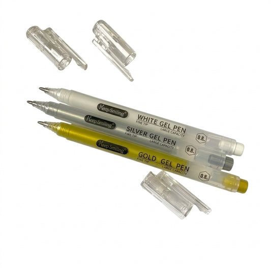 Lot de 3 Stylos Gel Keep Smiling 0,8 mm – Blanc, Or et Argent