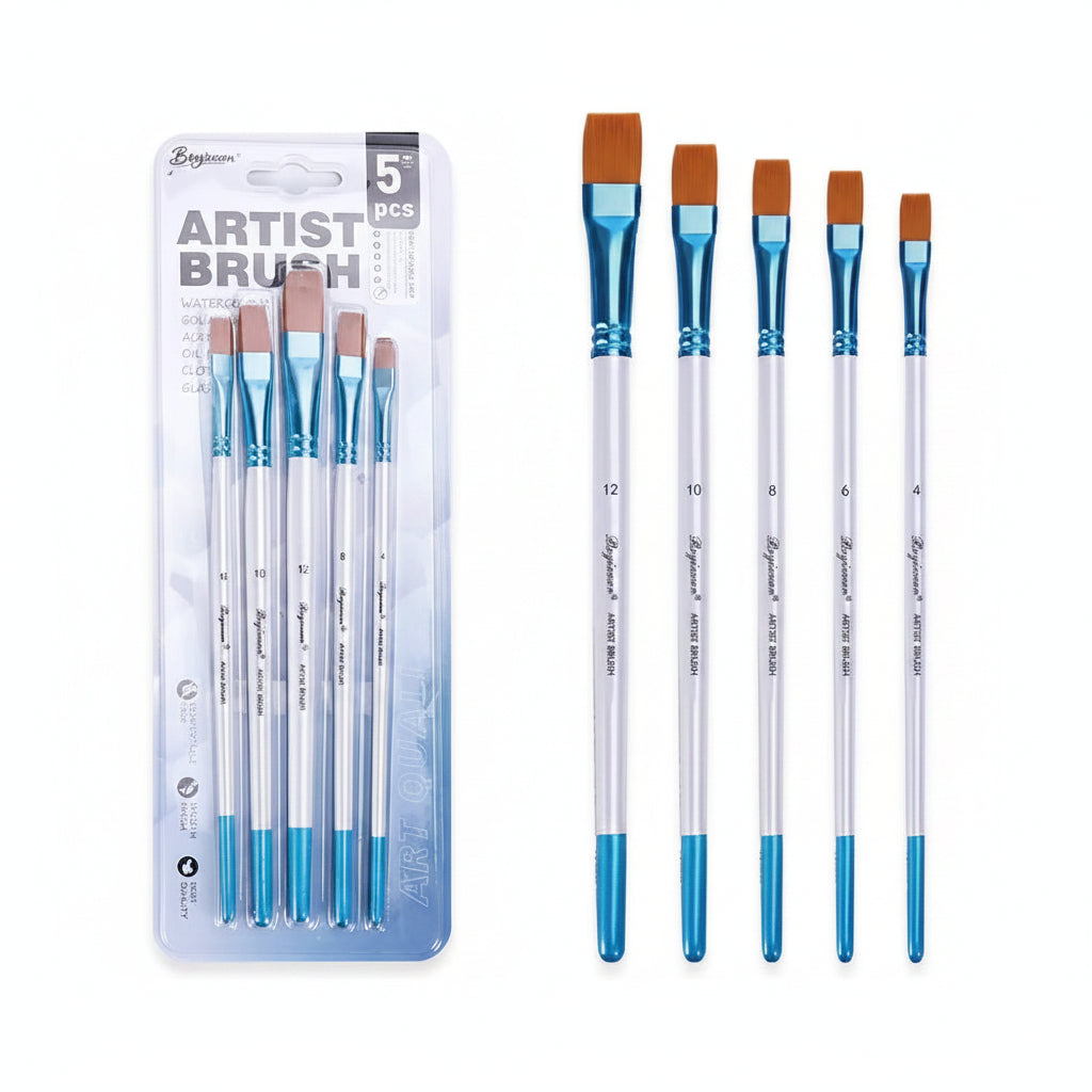 Jeu de 5 Pinceaux Plats – Set d'Outils Multi-Techniques (Acrylique, Huile & Gouache)
