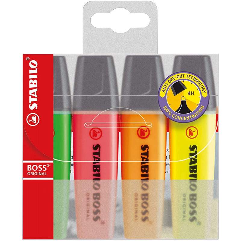 Pochette 4 Surligneurs Fluorescents STABILO BOSS ORIGINAL – Assortiment Fluo
