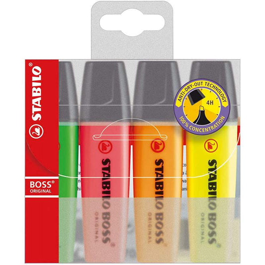 Pochette 4 Surligneurs Fluorescents STABILO BOSS ORIGINAL – Assortiment Fluo