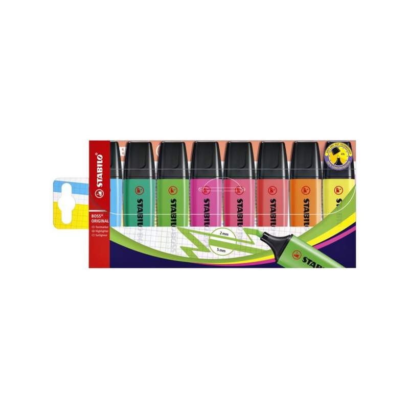 Pochette 8 Surligneurs Fluorescents STABILO BOSS ORIGINAL – Assortiment Fluo