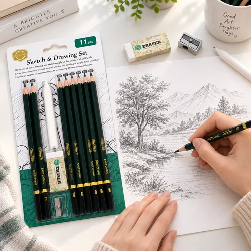 Coffret de Dessin et Croquis Keep Smiling – 11 Pièces, Graphite 2H à 8B