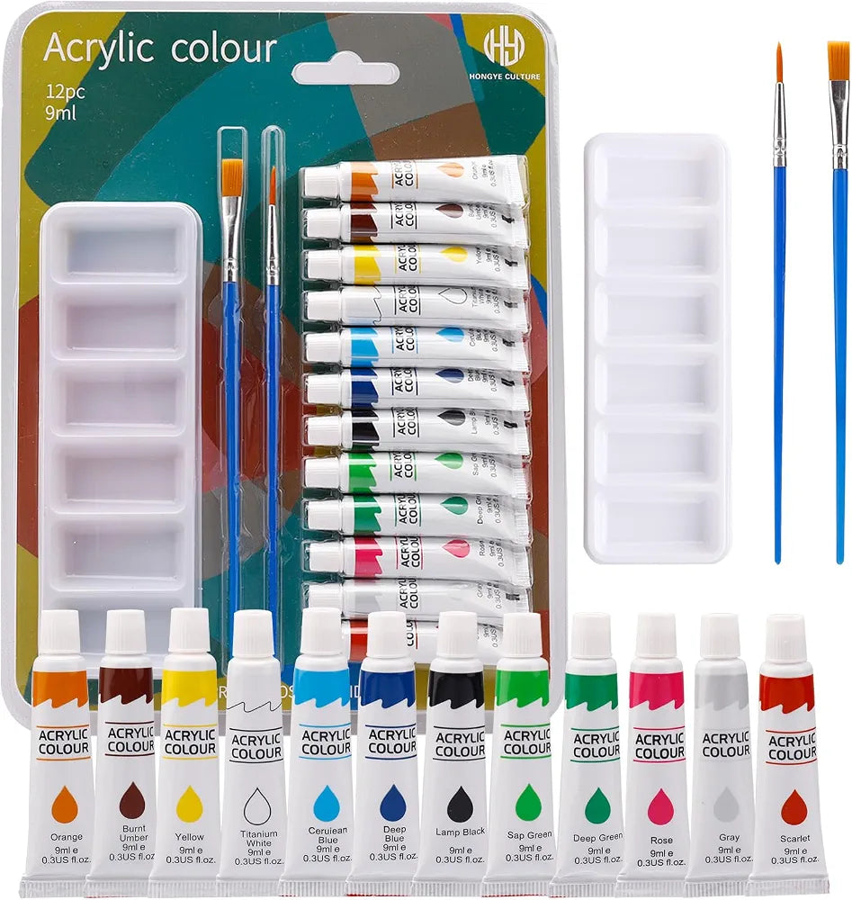 Set de Peinture Acrylique 12 Couleurs Vives (9 ml) avec Palette & Pinceaux – Multi-Supports