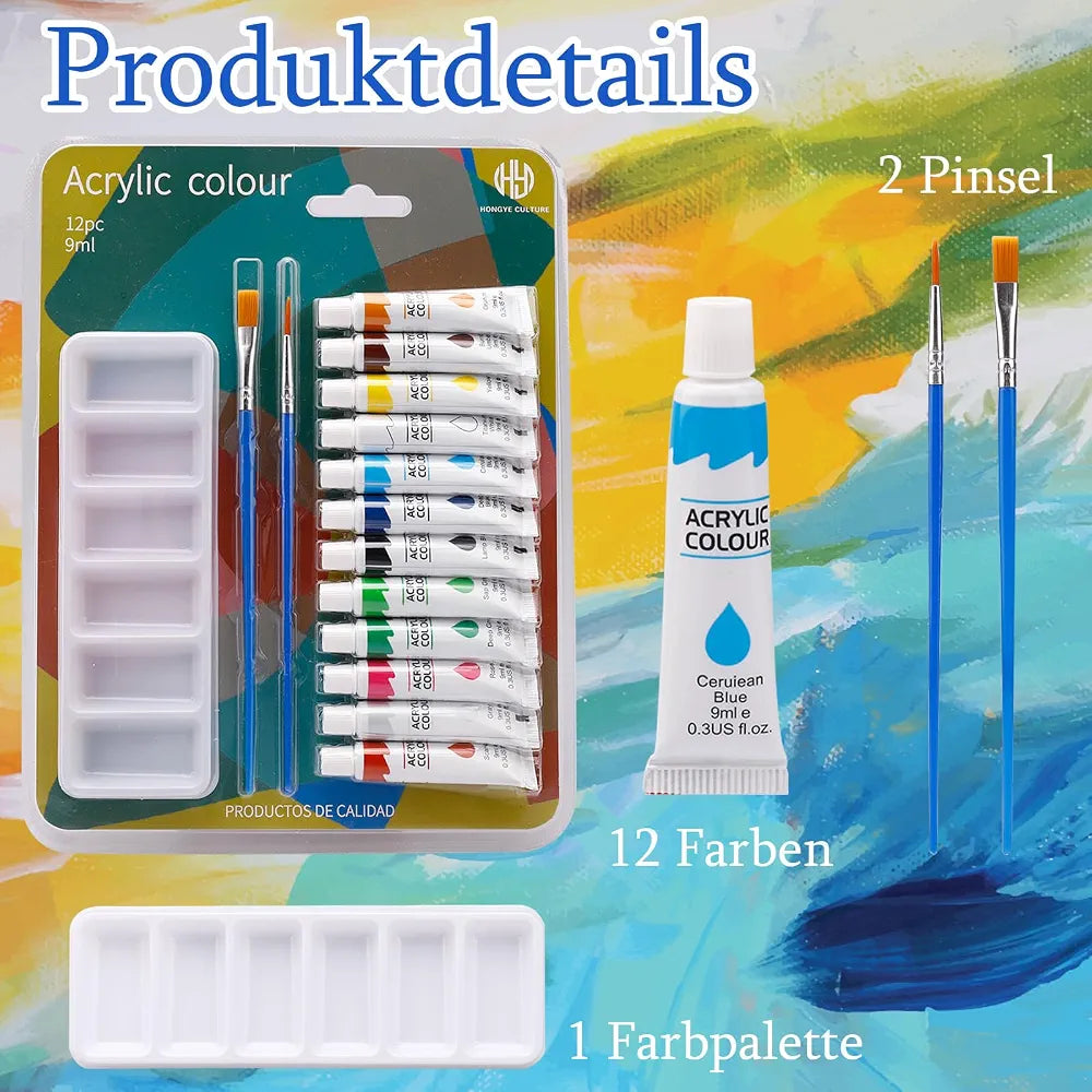 Set de Peinture Acrylique 12 Couleurs Vives (9 ml) avec Palette & Pinceaux – Multi-Supports