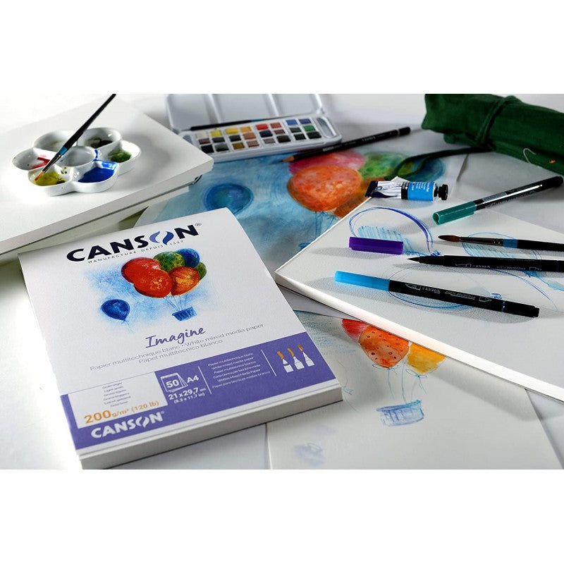 Bloc Papier à dessin Imagine MIX MEDIA 200g/m² - A4 29,7x21 cm 50 F Blanc pur - Canson - PIGMA