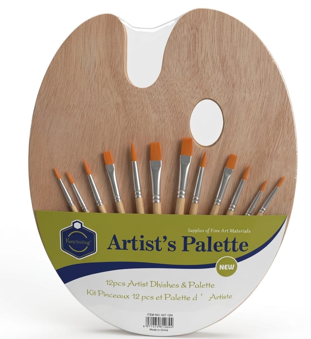 Palette Ergonomique en Bois + 12 Pinceaux Multi-formes
