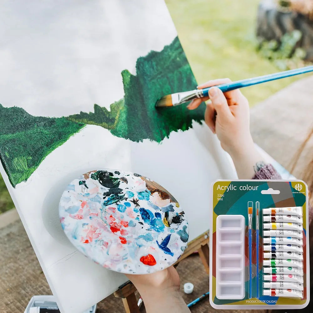 Set de Peinture Acrylique 12 Couleurs Vives (9 ml) avec Palette & Pinceaux – Multi-Supports