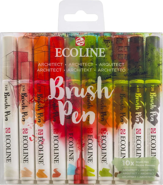 Ecoline Brush Pen Set de 10 marqueurs pointe feutre - Teintes architect | Marqueurs à dégrader pour lettering, dessin & journaling