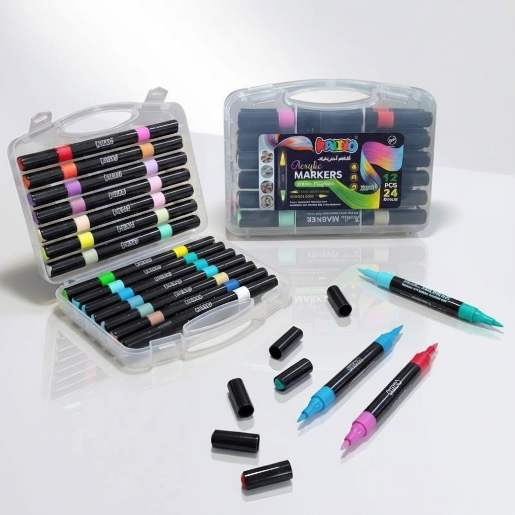 Boite de 24 couleurs Acrylique Kalino – 12 marqueurs avec Double Pointe