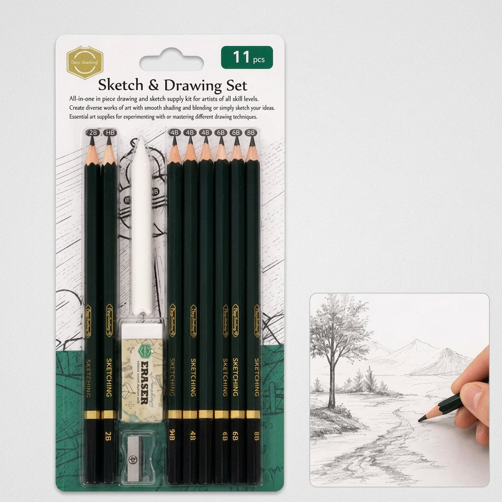 Coffret de Dessin et Croquis Keep Smiling – 11 Pièces, Graphite 2H à 8B