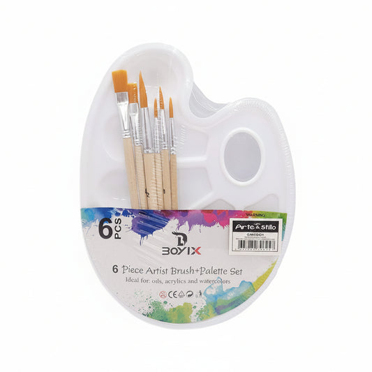 Palette Ovale + 6 Pinceaux – Kit Peinture Multi-Techniques
